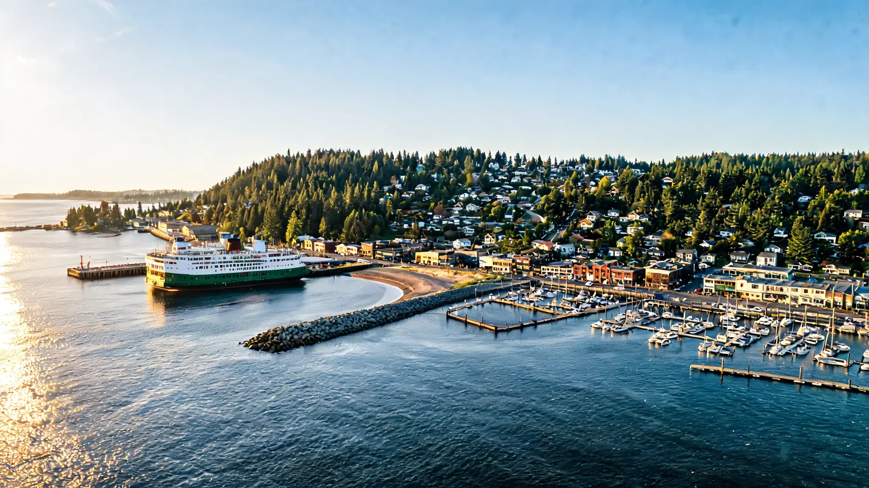 Aerial view of a waterfront town with a green and white ferry at the dock, a curved beach, rock breakwater, marina and homes on a wooded hillside