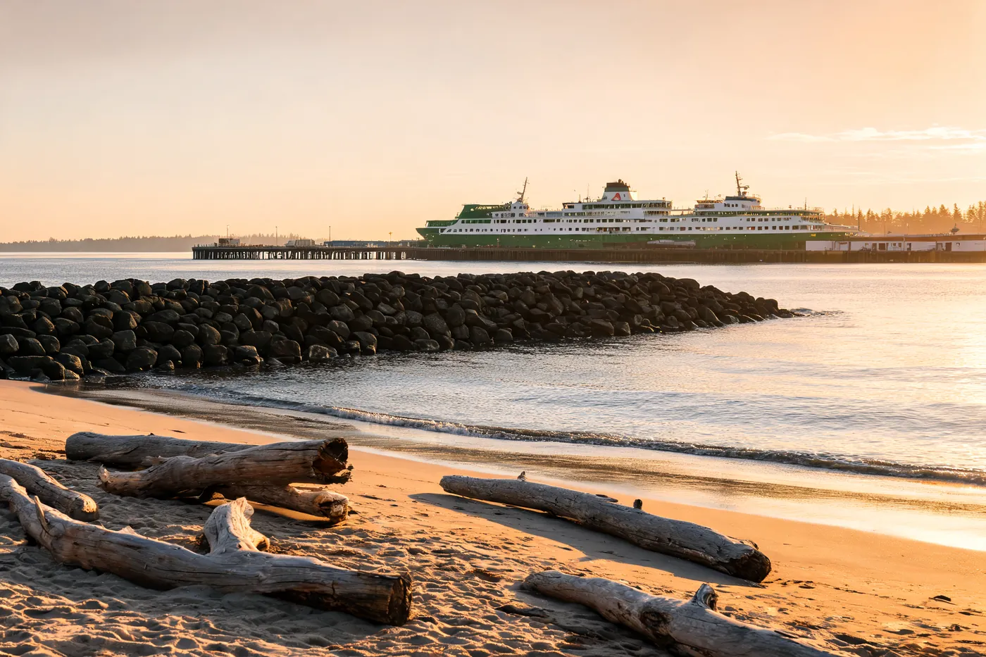 Driftwood on a sandy beach beside a rock jetty, with a green and white ferry at the dock in golden evening light