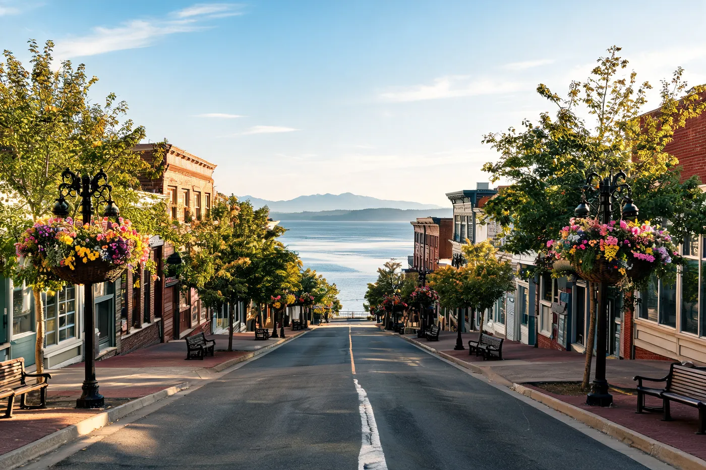A downtown main street lined with brick storefronts, benches and hanging flower baskets, sloping down toward the water