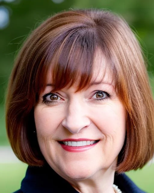 Virginia Otter, smiling, in a navy jacket and pearls